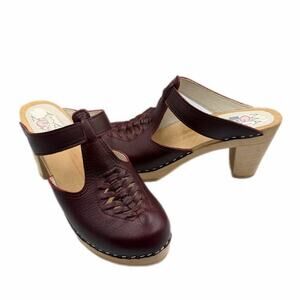 Maguba Nairobi Bordeaux Oxblood Red Braided Leather Wooden Heeled Slip On Clogs